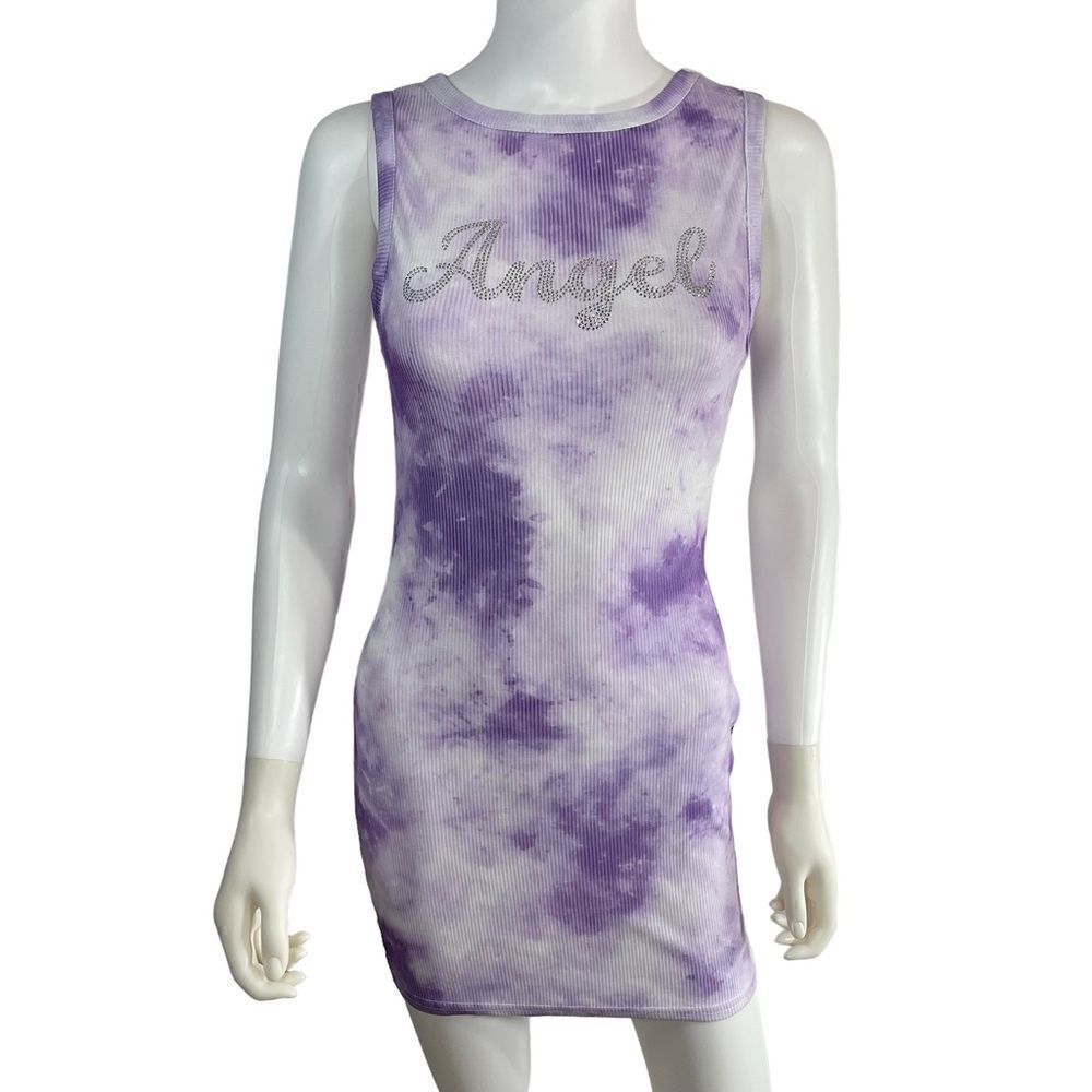 Pretty Little Thing Tie Dye Ribbed Sleeveless Angel Mini Dress Purple